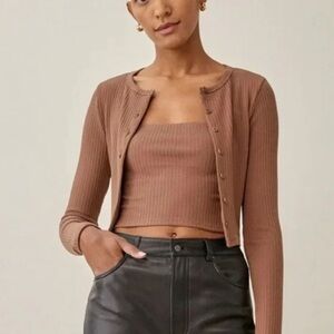 Reformation Brown Ribbed Cardigan Sweater and Tank Set